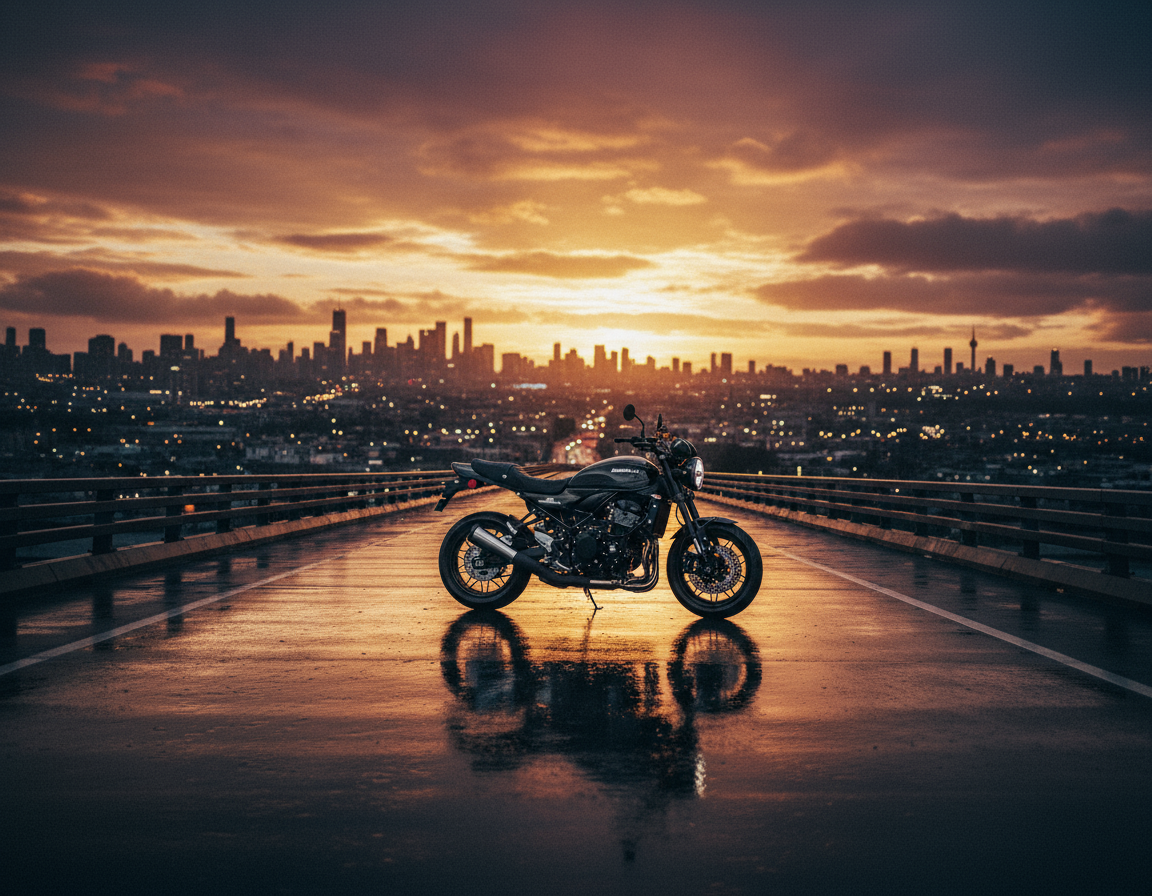 Z900RS 在黃昏的城市高架橋上